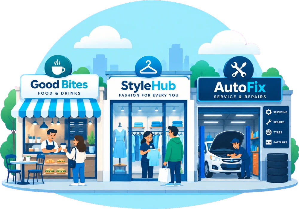 Three shopfronts side by side — a cafe, a clothing store and a mechanic workshop — each serving customers