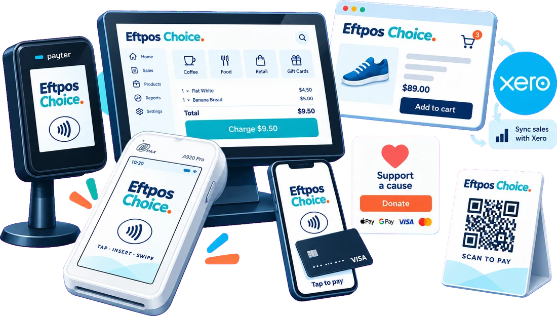 The Eftpos Choice range: an unattended terminal, a PAX A920 Pro, a countertop POS, tap to pay on a phone, an online checkout, a donation screen and a scan-to-pay QR stand
