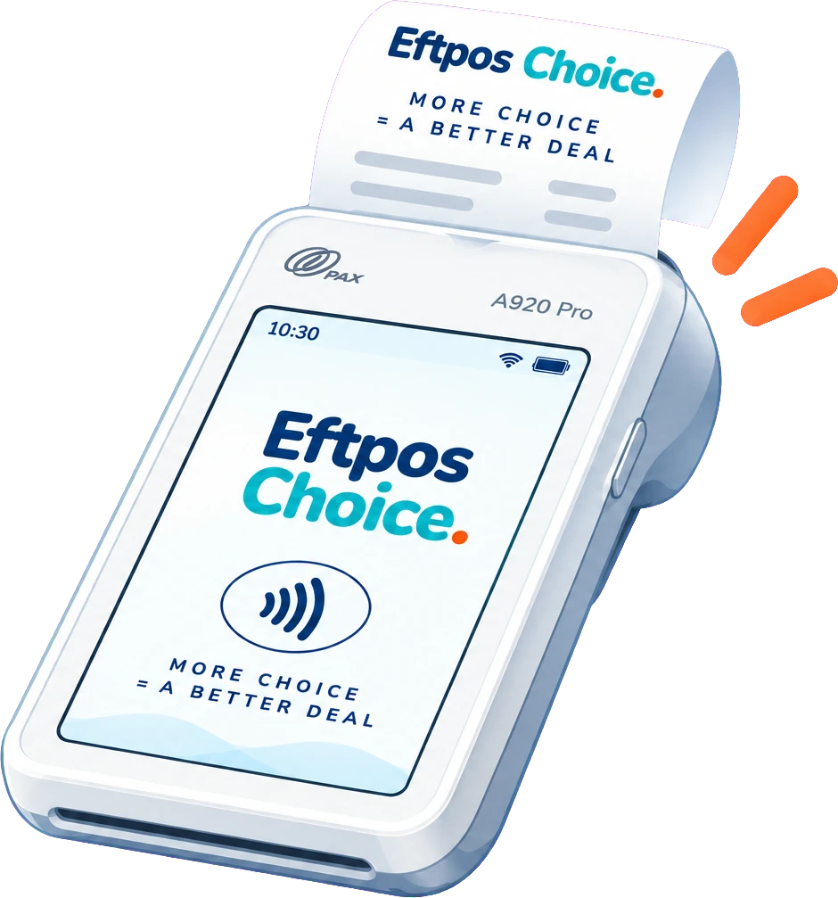 A PAX A920 Pro card terminal showing the Eftpos Choice screen, with a printed receipt above it